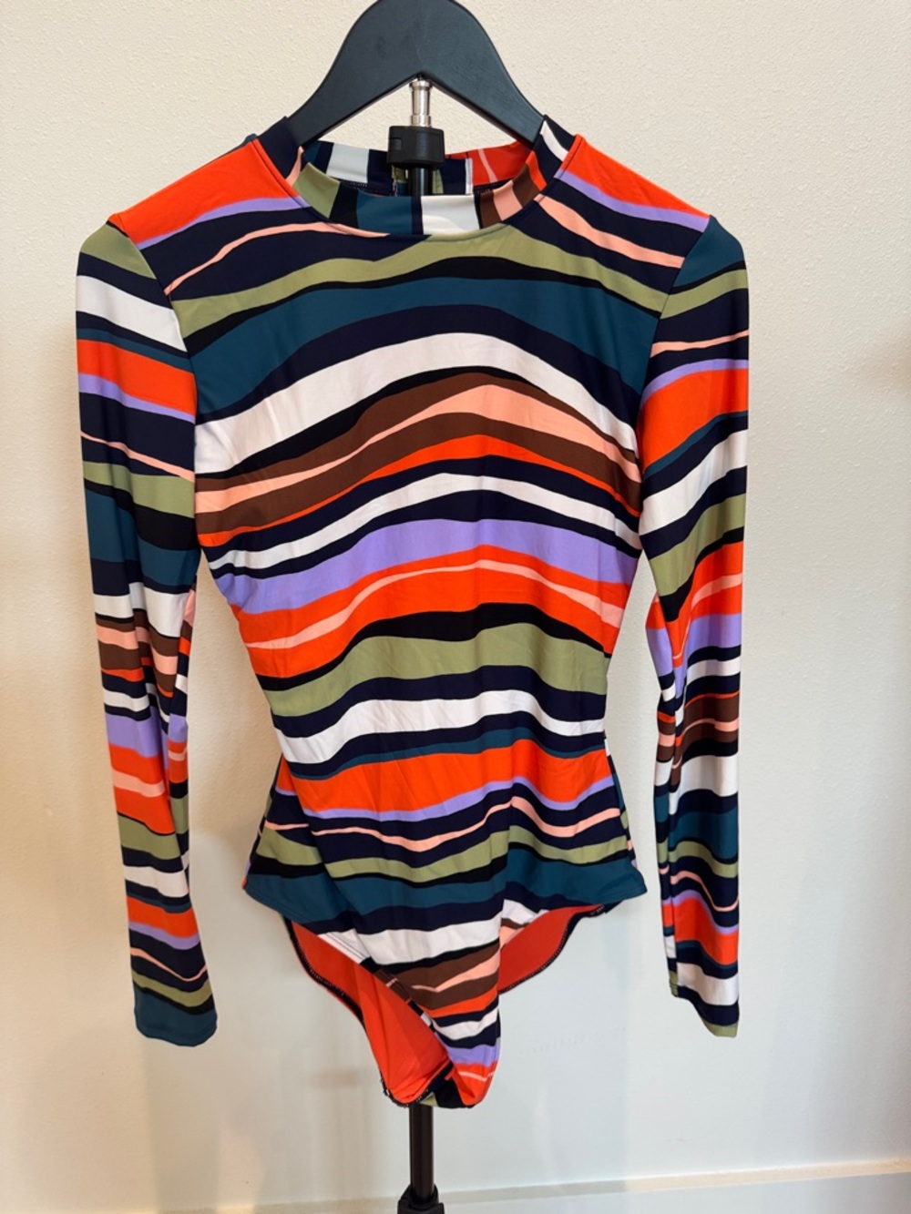 Anne Cole Multicolor Striped Long-Sleeve Swimsuit - Red, Green, Navy, Purple
